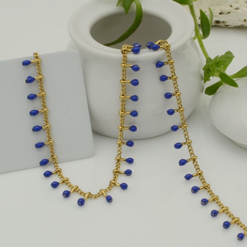 Catena in acciaio groumetta oro piatta forma gocce smaltato blu altezza 0.6 mm confezione 50 cm