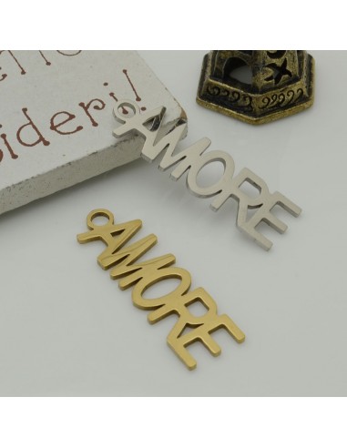 ciondoli scritta AMORE in acciaio 10 x 30 mm 1 pz inossidabile per bracciali e collana per le tue creazioni