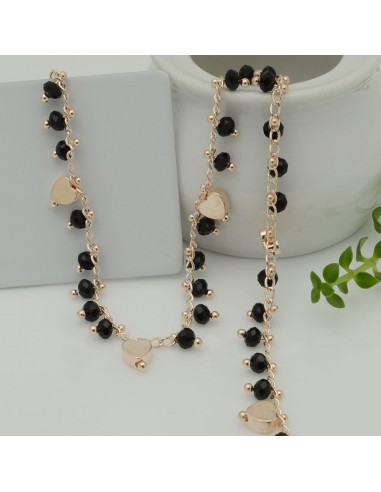 Catena Rosario con cristalli neri 4mm e cuori oro rosa 50cm | Bigiotteria fai da te di Gioie d'Oriente