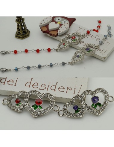 Connettori forma doppio cuore con strass e fiore  18 x 38 mm argento in metallo per bracciali per le tue creazioni