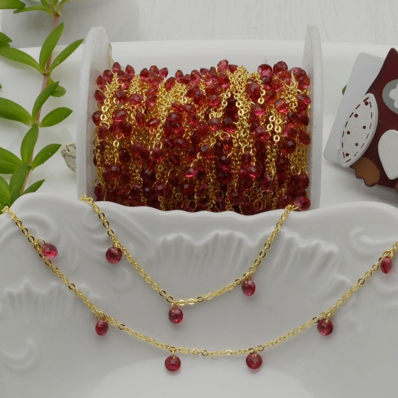 Catena in ottone oro con Zirconi fucsia rotondi 4mm 50cm GDO | Gioie d'Oriente