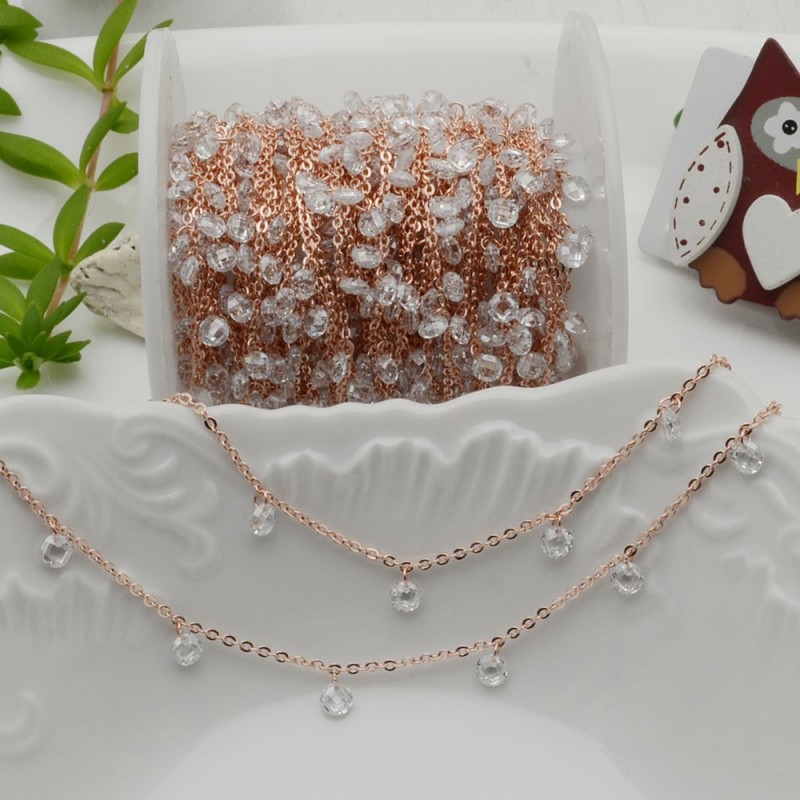 Catena in ottone oro rosa con Zirconi trasparenti rotondi 50cm GDO | Gioie d'Oriente