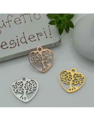 ciondolo forma cuore e Albero di vita in acciaio liscio 15 mm inossidabile per fai da te