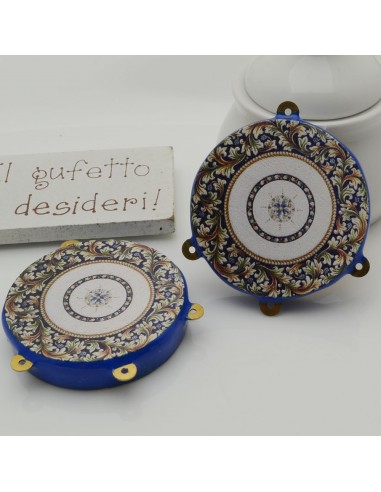 ciondolo tamburelli siciliani 40 x 48 mm bordo blu con disegni  3 anellini