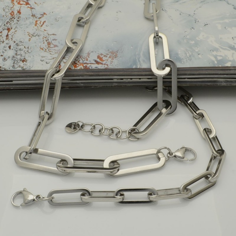 Collana e bracciale in acciaio argento con super maglia rettangolare lucido inossidabile