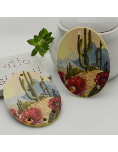 2 PZ Ciondoli Elemento ovale 4 FORI pendente in legno con disegno cactus 30 x 40 mm per orecchini