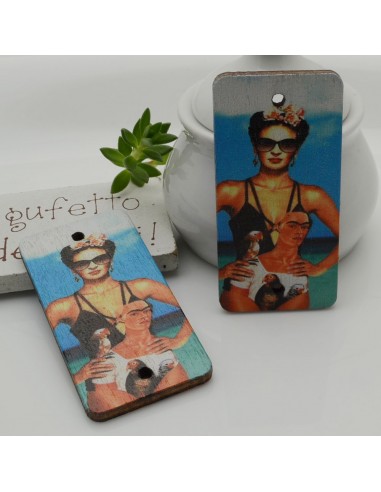 2 PZ Ciondoli Elemento 2 FORI pendente in legno con disegni  Frida Kahlo 25 x 50 mm per orecchini