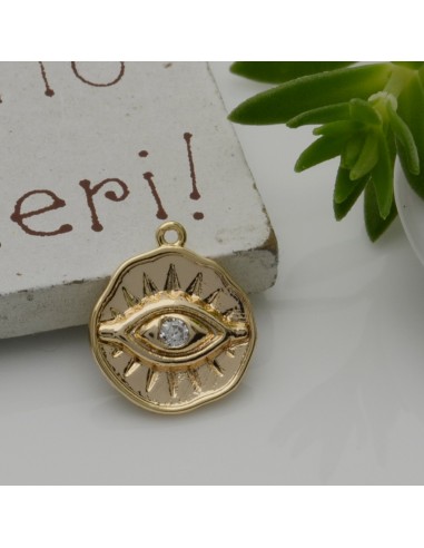 1 PZ Ciondolo a forma occhio oro con zirconi bianco 13 x 14 mm in rame per le tue creazioni