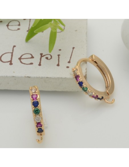 Orecchini cerchietti tondi in ottone oro chiaro con zirconi arcobaleno 14mm 1 paio | GDO