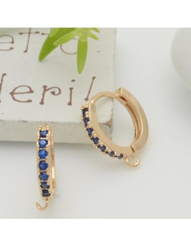 Orecchini cerchietti tondi in ottone oro chiaro con zirconi blu 14mm 1 paio | GDO