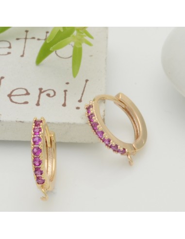 Orecchini cerchietti tondi in ottone oro chiaro con zirconi fucsia 14mm 1 paio | GDO