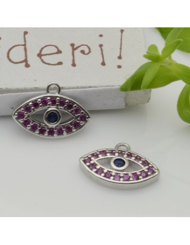 Ciondolo occhio greco in ottone argentato con zirconi fucsia 9x12,5 mm 1pz Gioie d'Oriente