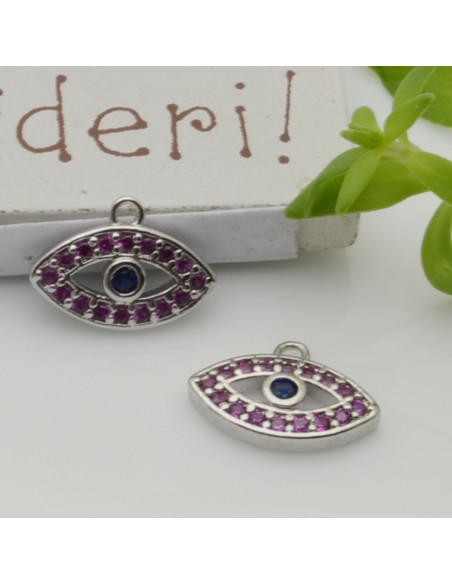 Ciondolo occhio greco in ottone argentato con zirconi fucsia 9x12,5 mm 1pz Gioie d'Oriente