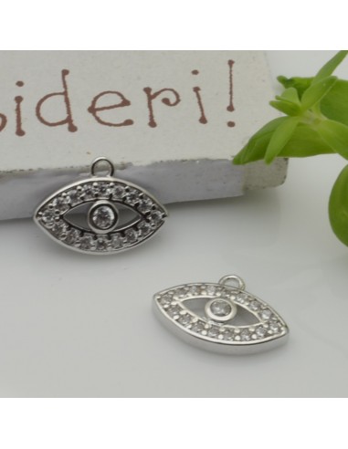 Ciondolo occhio greco in ottone argentato con zirconi bianco 9x12,5 mm 1pz Gioie d'Oriente
