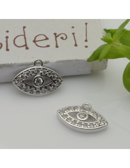Ciondolo occhio greco in ottone argentato con zirconi bianco 9x12,5 mm 1pz Gioie d'Oriente