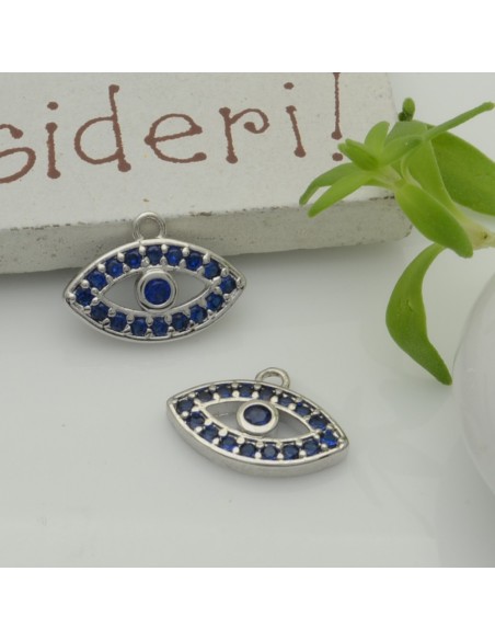 Ciondolo occhio greco in ottone argentato con zirconi blu 9x12,5 mm 1pz Gioie d'Oriente
