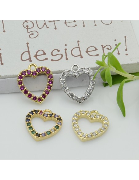 Ciondolo cuore vuoto in rame con zirconi 12x13 mm 1pz colori vari Gioie d'Oriente