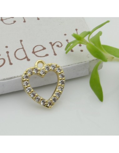 Ciondolo cuore vuoto in rame con zirconi 12x13 mm 1pz Gioie d'Oriente colore oro