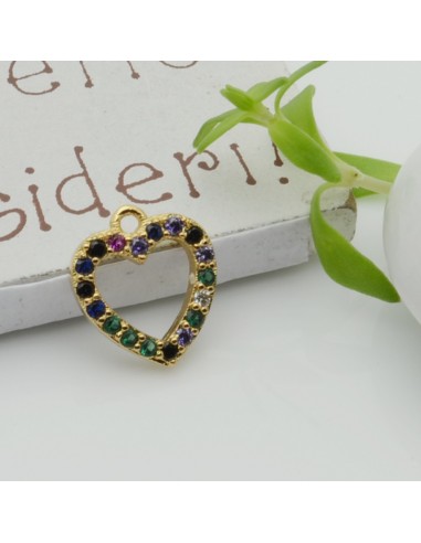 Ciondolo cuore vuoto in rame con zirconi 12x13 mm 1pz Gioie d'Oriente colore oro