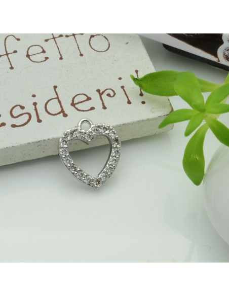 Ciondolo cuore vuoto in rame con zirconi 12x13 mm 1pz Gioie d'Oriente colore argento