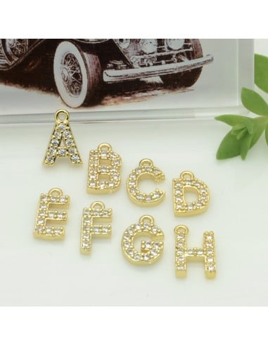 Ciondolo lettera iniziale in ottone oro con strass 8 mm 1pz Gioie d'Oriente