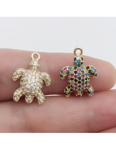 ciondolo tartaruga in ottone dorato, con zirconi multicolor o trasparenti, misura 12x17mm, marchio Gioie d'Oriente