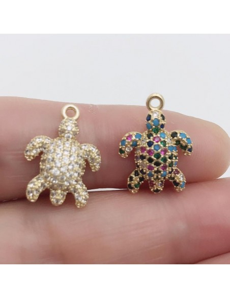 Ciondolo tartaruga in ottone oro con zirconi 12x17 mm 1pz colori vari Gioie d'Oriente