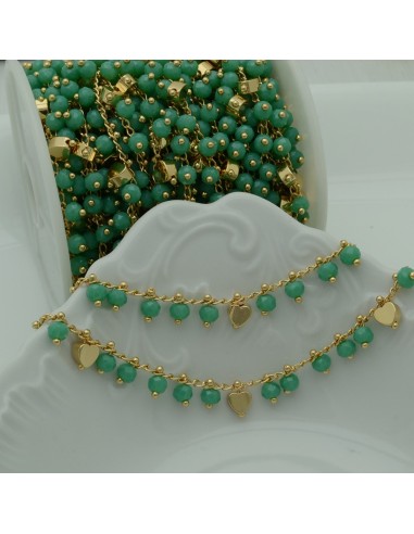 Catena Rosario con cristalli 4 mm Tiffany è verde cuore base oro chiaro in Ottone 50 cm per bigiotteria