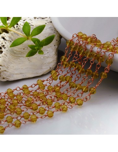catena rosario base oro rosa concatenata cristalli col senape trasparente 3 mm in ottone 50 cm