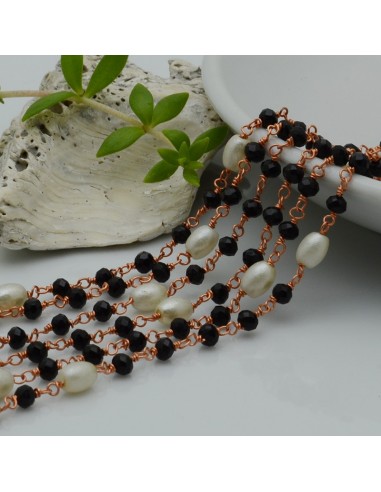 catena rosario base oro rosa chiaro concatenata cristalli 3 mm col Colore nero e perle in ottone 50 cm per le tuo creazione
