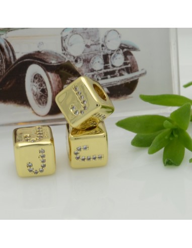 Perlina cubo alfabeto in ottone oro con strass 7,5 mm foro 3,5 mm 1pz Gioie d'Oriente