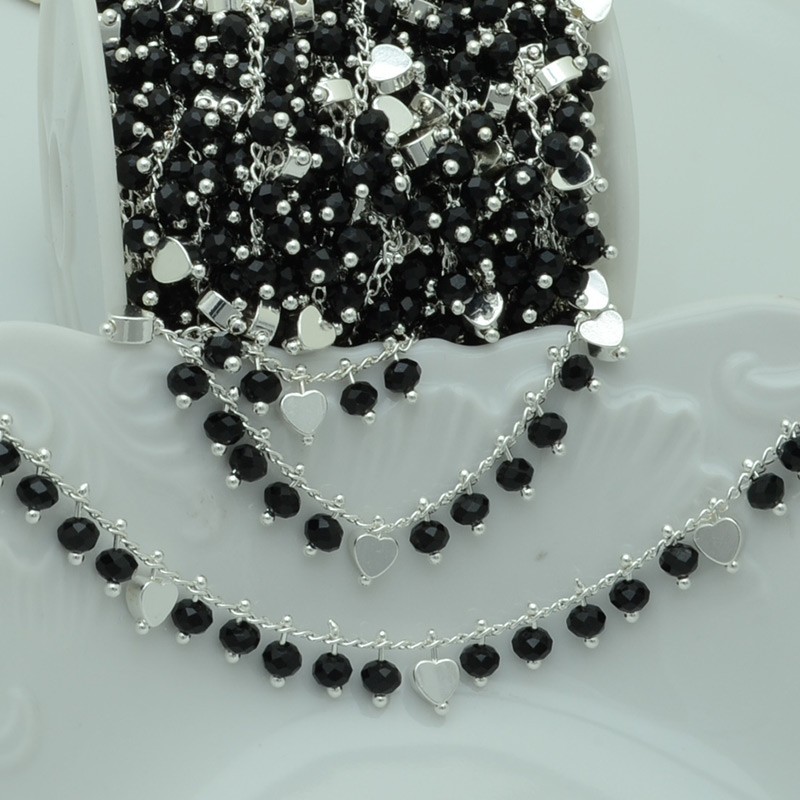 Catena Rosario con cristalli neri 3mm e cuori argento 50cm | Bigiotteria fai da te di Gioie d'Oriente