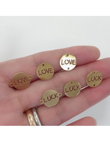 Ciondoli e Connettori con scritta LOVE/LUCK in acciaio colore oro 12mm GDO