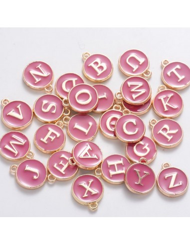 Ciondolo charms lettera alfabeto smalto 26 pz completo 12x15 mm in ottone colore fucsia scuro