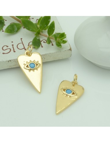 Ciondolo a forma cuore oro chiaro con occhio zirconi turchese 12 x 23 mm in ottone  per le tue creazioni