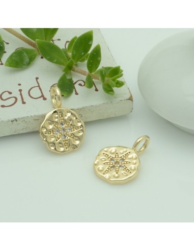 Ciondolo a rotonda oro chiaro con stella zirconi 11 x 15 mm anello 5 mm in ottone  per le tue creazioni