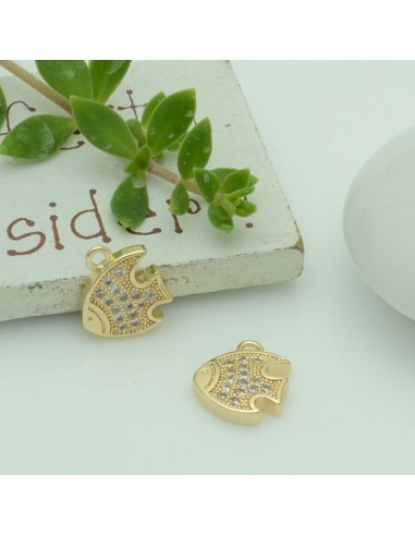 Ciondolo forma pesci oro chiaro con zirconi 9 x 11 mm in ottone  per le tue creazioni