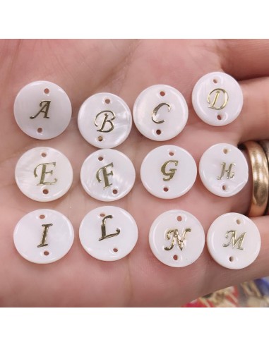 connettori in madreperla con foro sopra e sotto PERLINE PERLE LETTERE ALFABETO con scritta col oro 12.50 mm PER BIGIOTTERIA