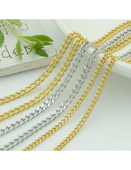 Catena grumetta schiacciata in acciaio, colori oro e acciaio, larghezza 3mm o 4mm, marchio Gioie d'Oriente