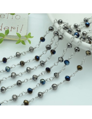 catena rosario in acciaio concatenata con cristalli 4 mm col marrone e blu  50 cm per fai da te