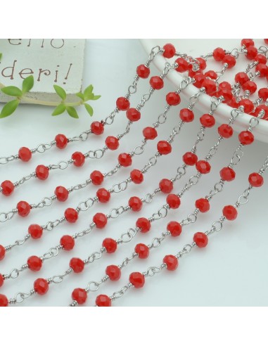 catena rosario in acciaio concatenata con cristalli 4 mm col rosso pieno 50 cm per fai da te
