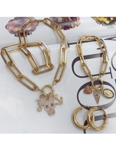 Collana e bracciale in acciaio oro con super maglia rettangolare con ciondoli strass