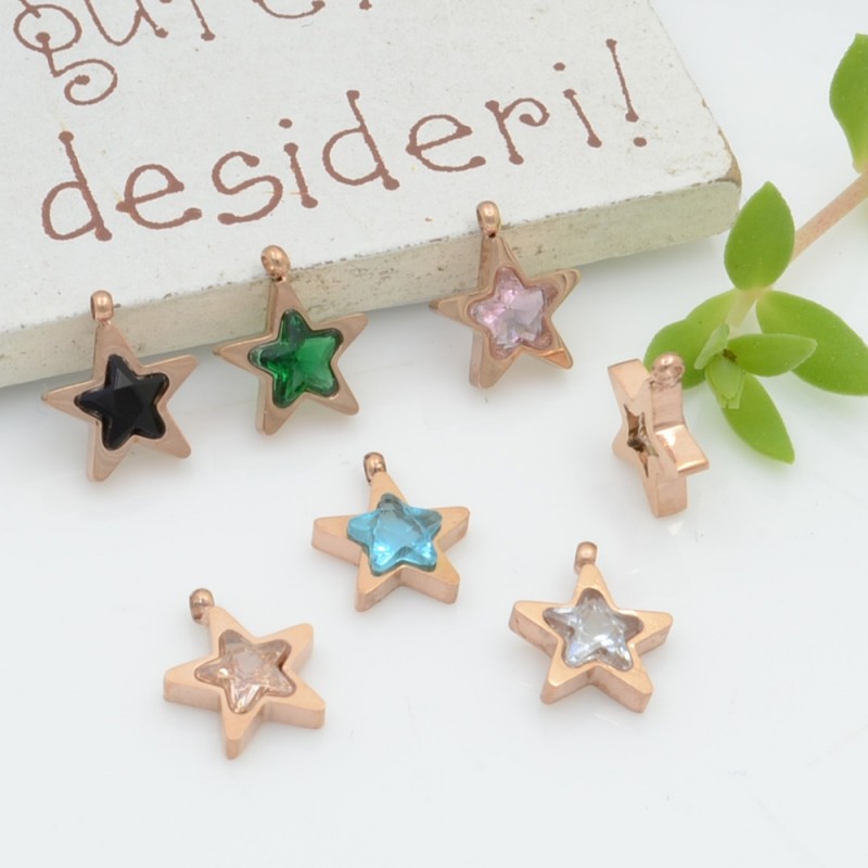 Charms in acciaio forma stella Punto Luce in zirconi oro rosa 8.5 mm 1pz varia colori  PER BRACCIALE E COLLANA per fai da te