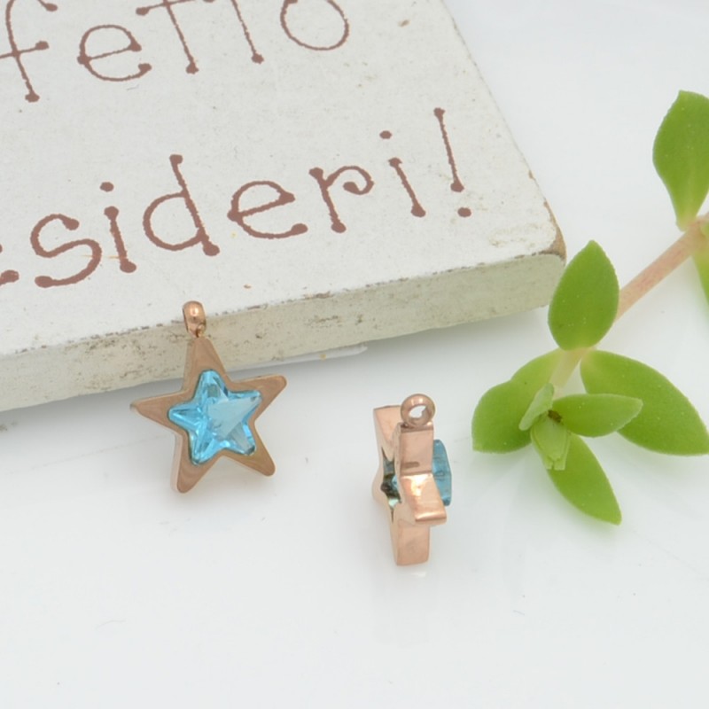Ciondolo punto luce stella in acciaio oro rosa azzurro 8.5 mm 1pz Gioie d'Oriente