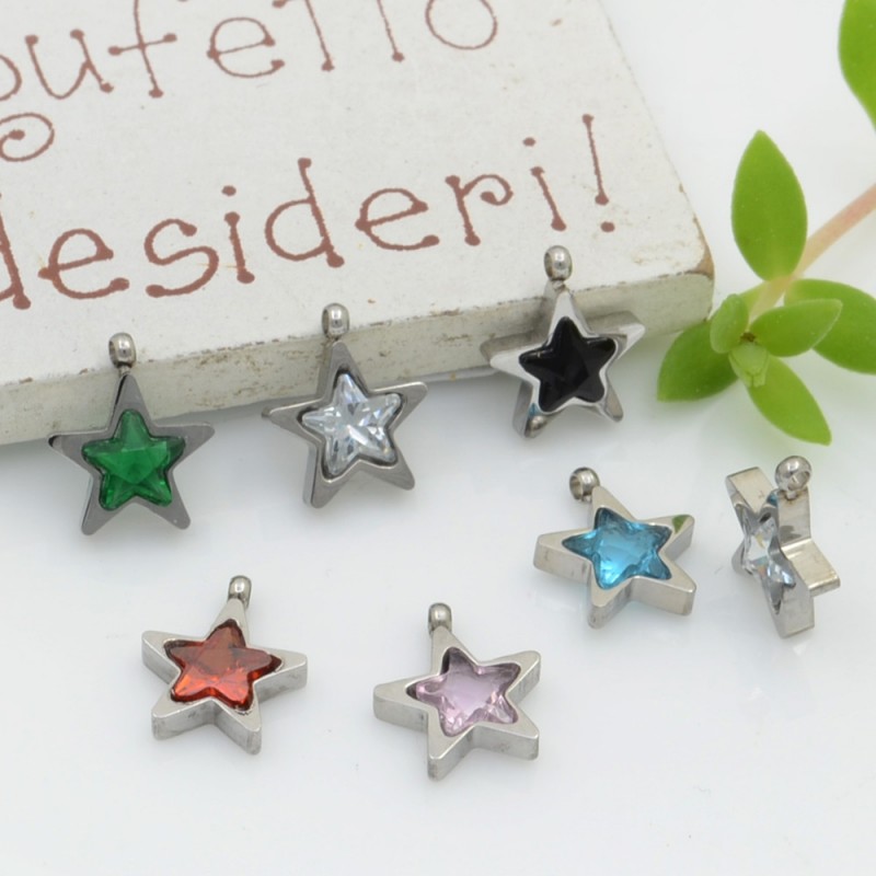 Charms in acciaio forma stella Punto Luce in zirconi argento 8.5 mm 1pz varia colori PER BRACCIALE E COLLANA per fai da te