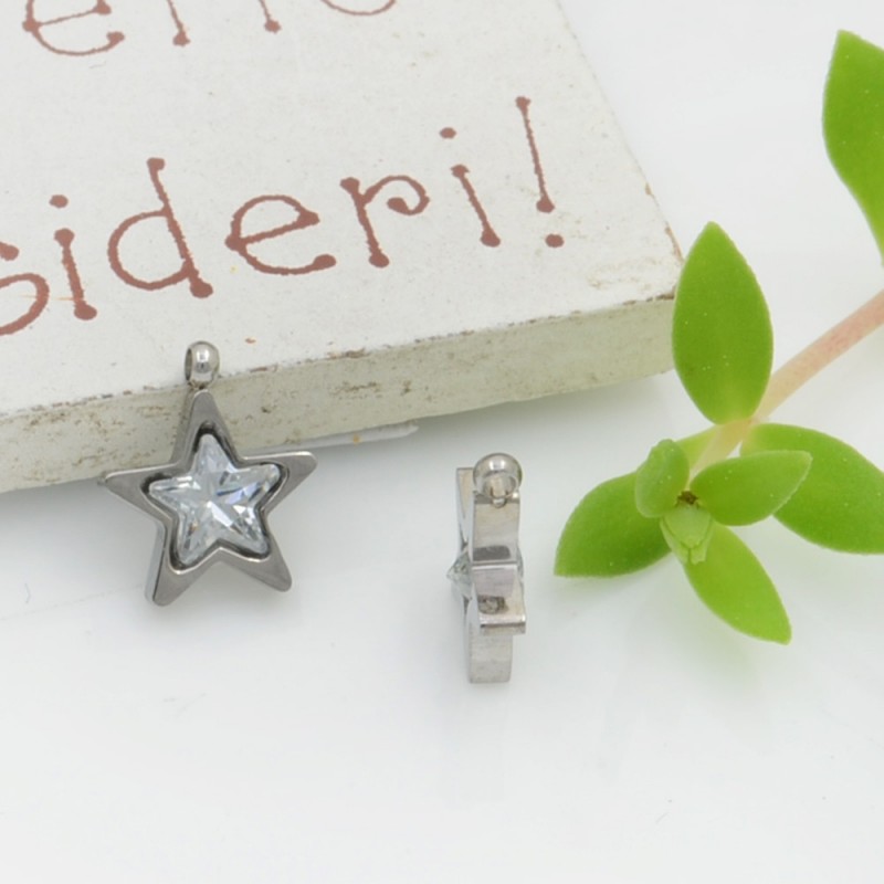 Ciondolo punto luce stella in acciaio rodio trasparente 8.5 mm 1pz Gioie d'Oriente