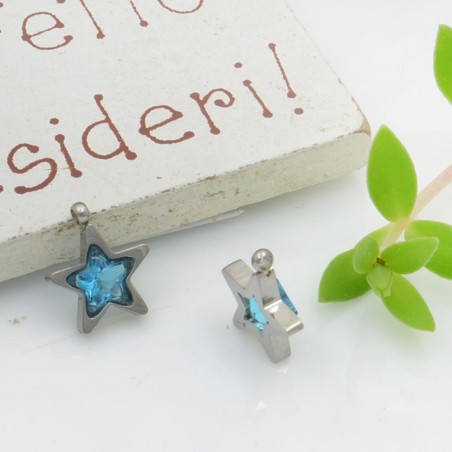 Ciondolo punto luce stella in acciaio rodio azzurro 8.5 mm 1pz Gioie d'Oriente