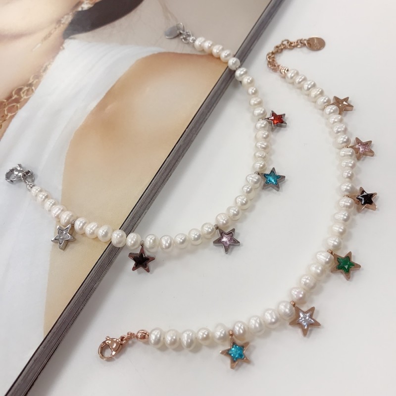 bracciale Perle Di Fiume e ciondolo in acciaio forma stella zirconi
