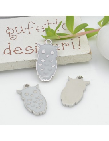 Ciondolo gufo in acciaio smaltato 10x20 mm 1pz bianco Gioie d'Oriente