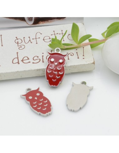Ciondolo gufo in acciaio smaltato 10x20 mm 1pz rosso Gioie d'Oriente
